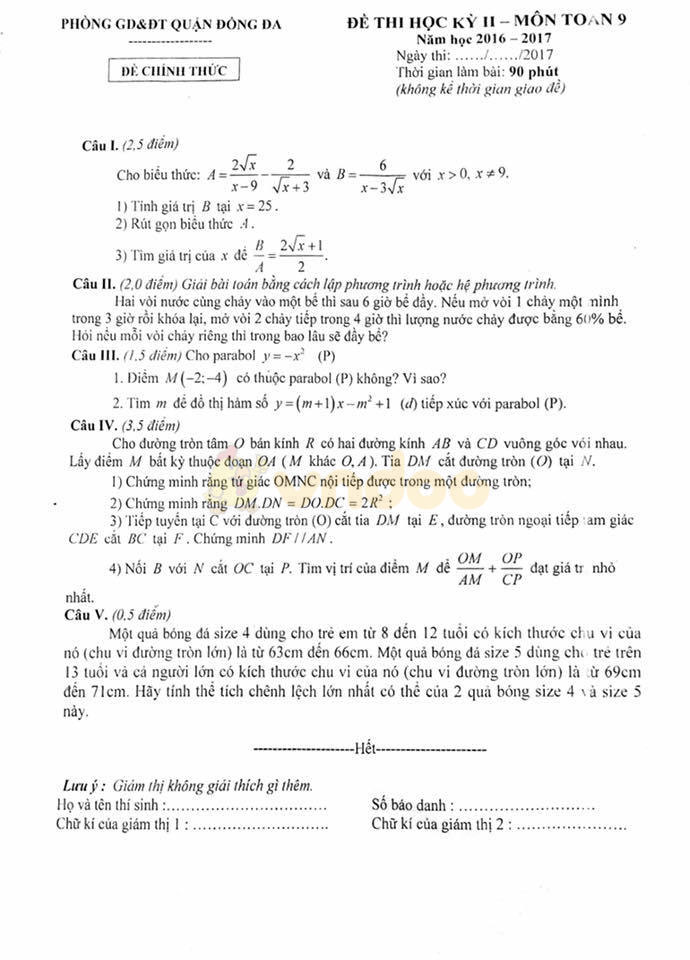 Đề thi học kì 2 môn Toán lớp 9 Đề thi học kì 2 môn Toán lớp 9
