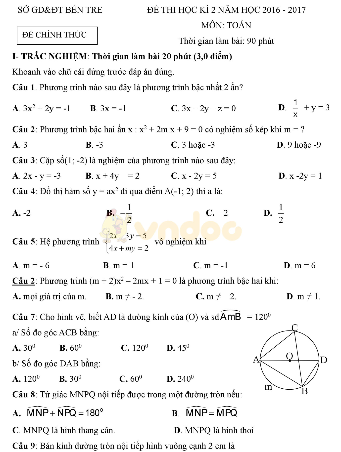 Đề thi học kì 2 môn Toán lớp 9