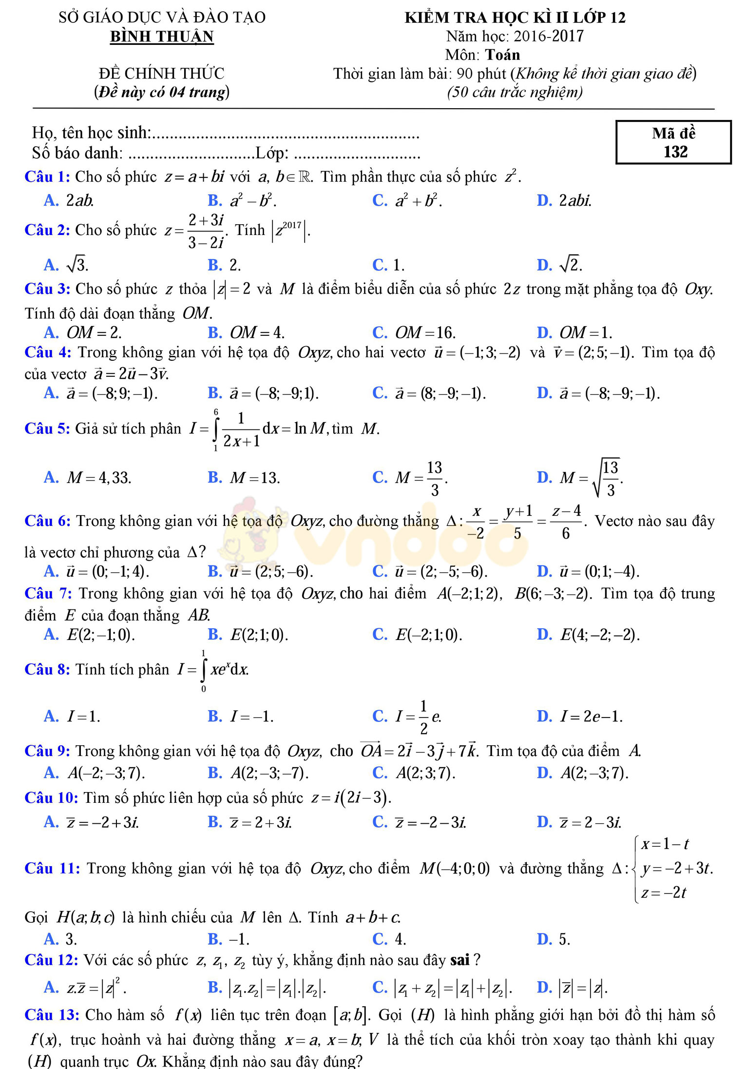 Đề thi học kì 2 môn Toán lớp 12