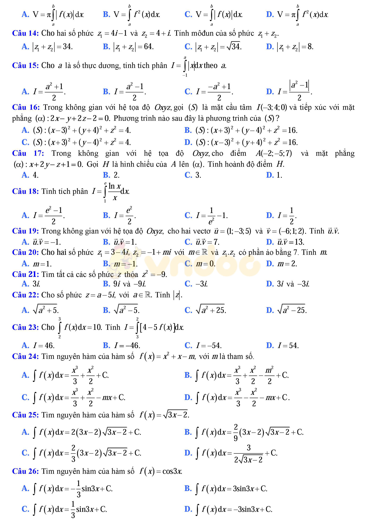 Đề thi học kì 2 môn Toán lớp 12