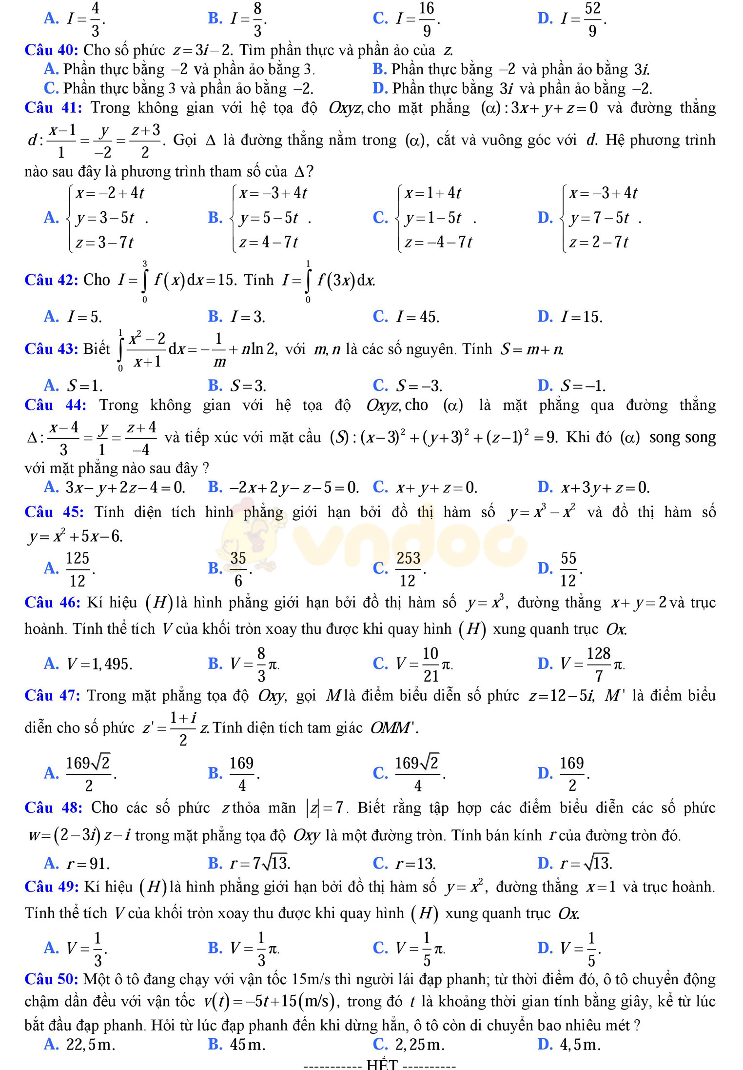 Đề thi học kì 2 môn Toán lớp 12