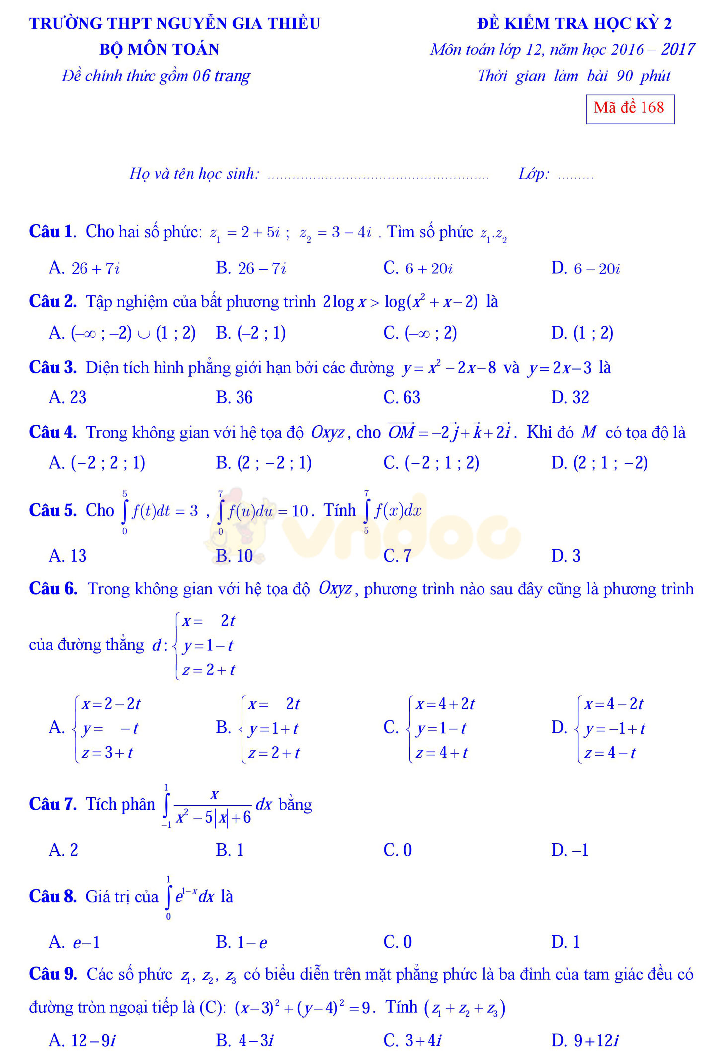 Đề thi học kì 2 môn Toán lớp 12 Đề thi học kì 2 môn Toán lớp 12