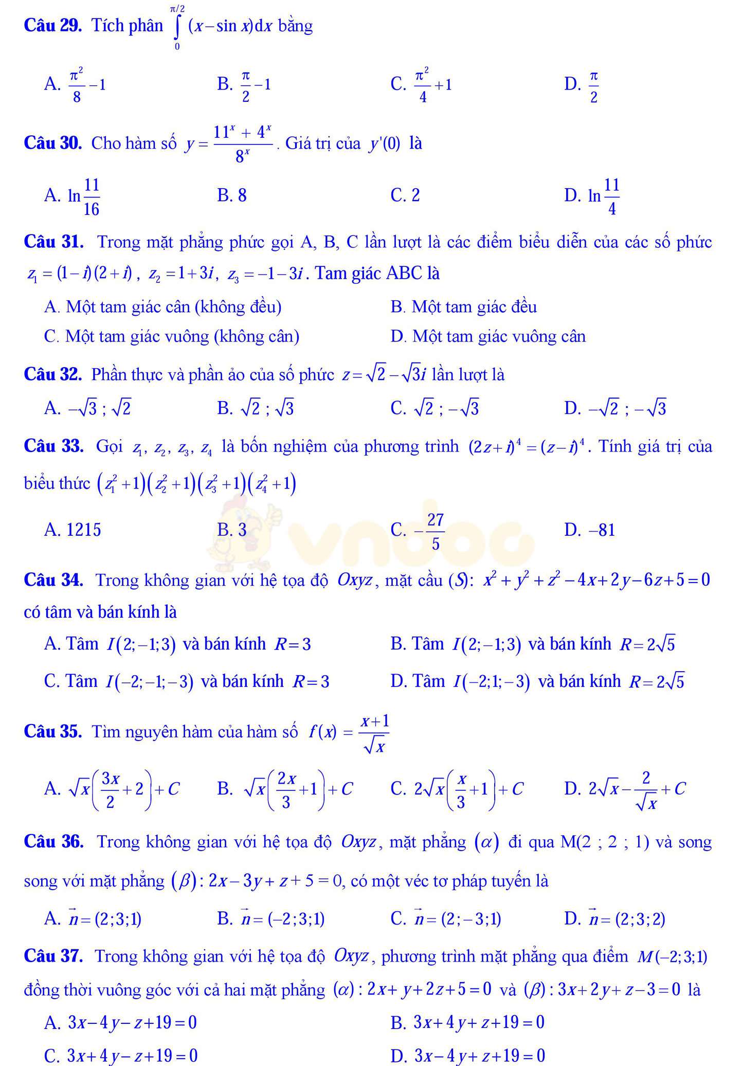 Đề thi học kì 2 môn Toán lớp 12 Đề thi học kì 2 môn Toán lớp 12