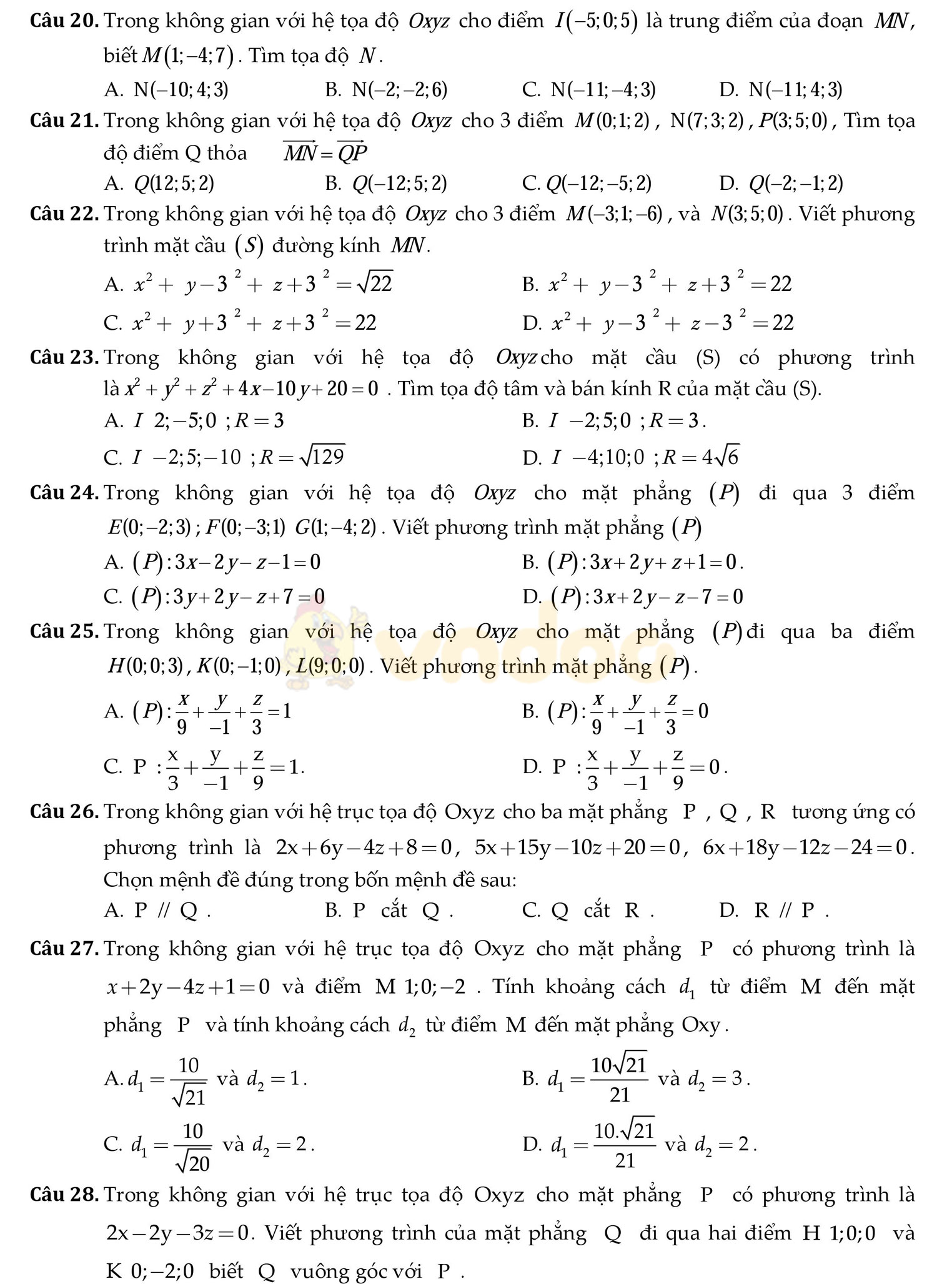 Đề thi học kì 2 môn Toán lớp 12