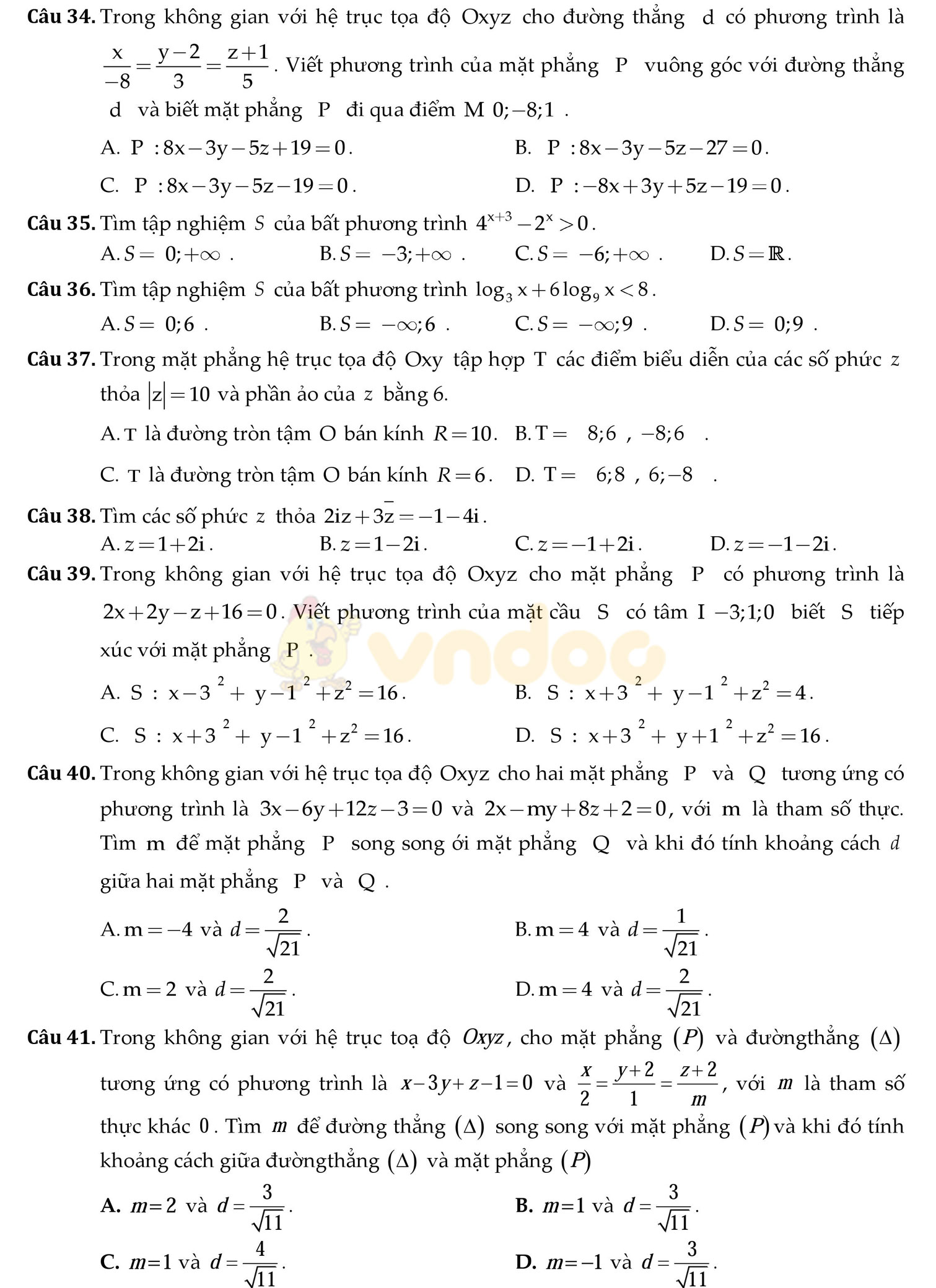 Đề thi học kì 2 môn Toán lớp 12