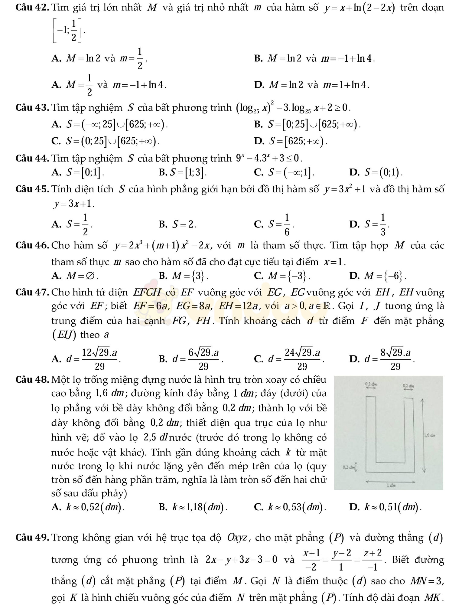 Đề thi học kì 2 môn Toán lớp 12