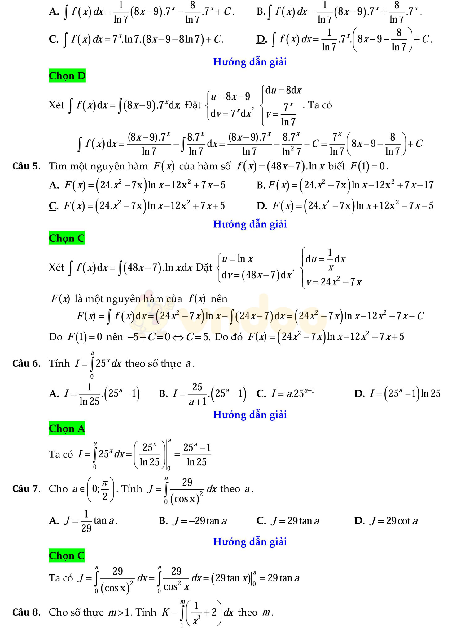 Đáp án đề thi học kì 2 môn Toán lớp 12