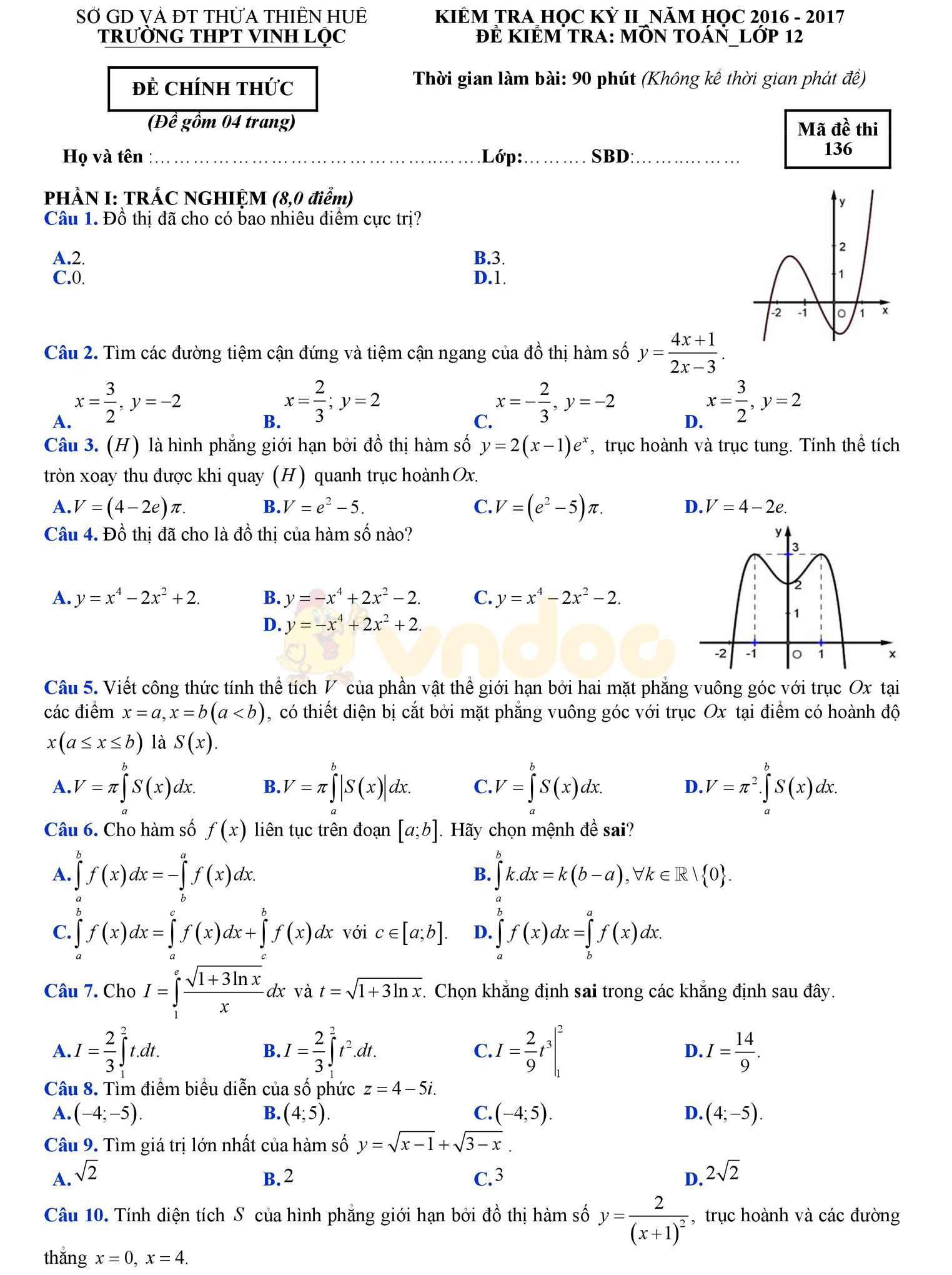 Đề thi học kì 2 môn Toán lớp 12