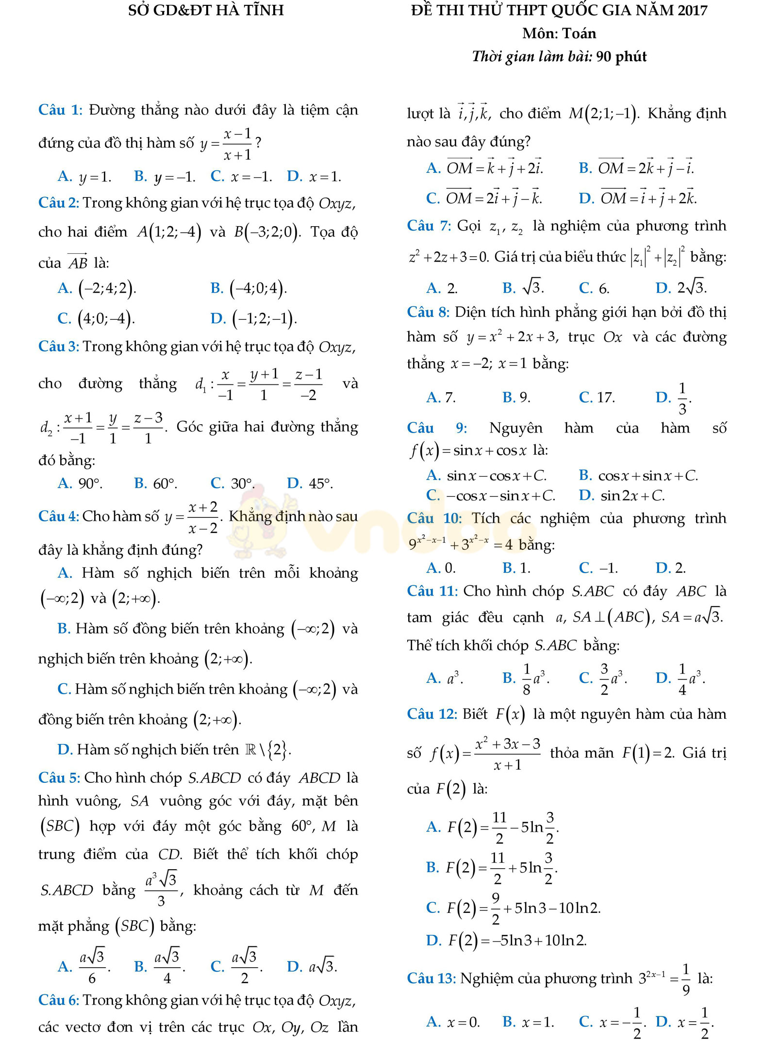 Đề thi thử THPT Quốc gia năm 2017 môn Toán