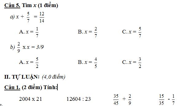 Bộ đề thi học kì 2 môn Toán lớp 4