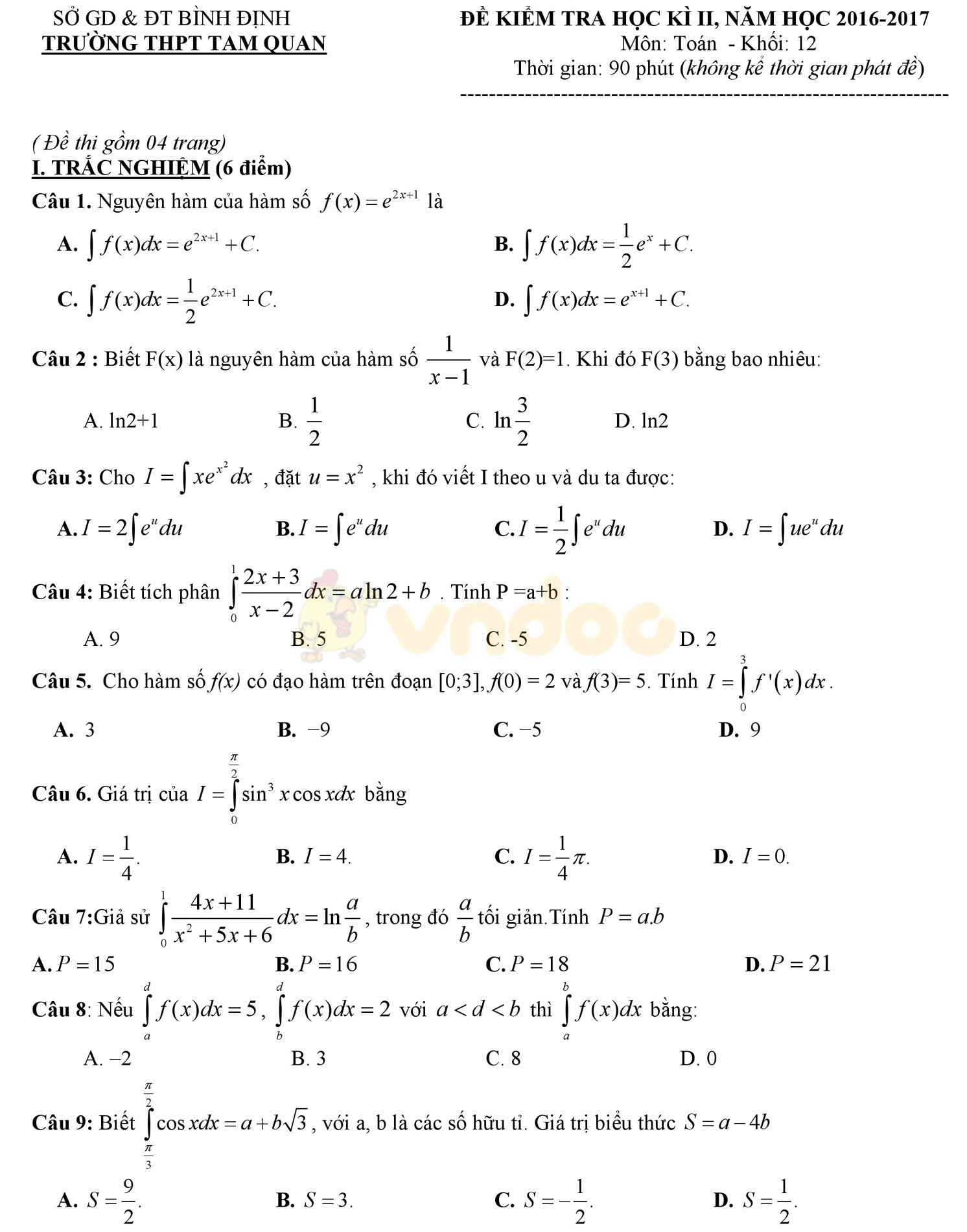 Đề thi học kì 2 môn Toán lớp 12