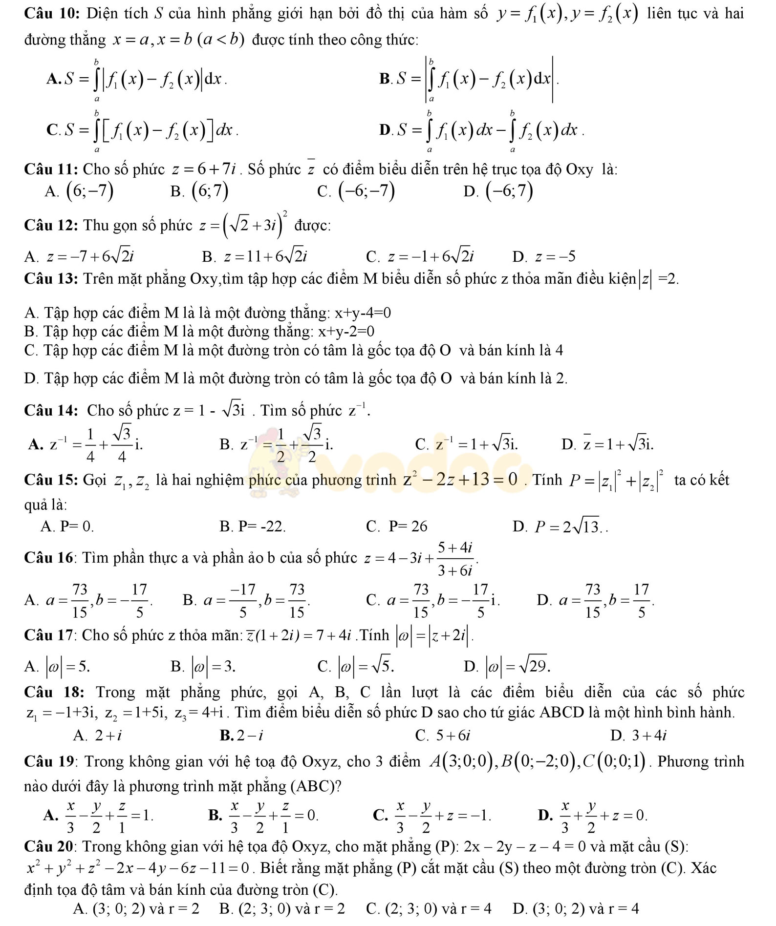 Đề thi học kì 2 môn Toán lớp 12