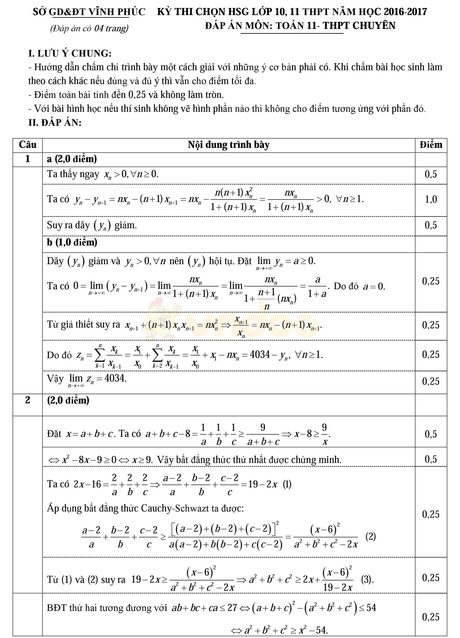 Đáp án đề thi học sinh giỏi môn Toán lớp 11