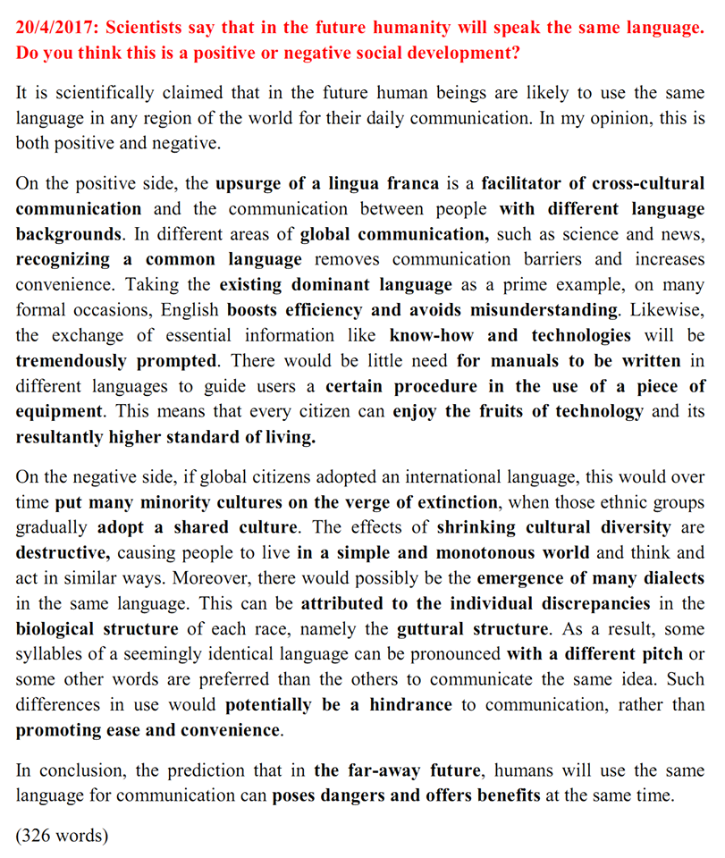 Đề thi và bài mẫu IELTS Writing Task 2 ngày 20/4/2017