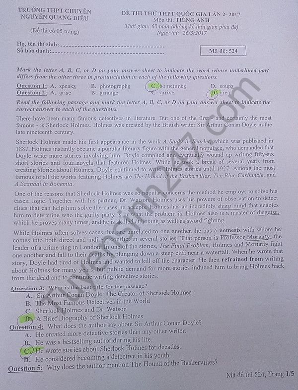 Đề thi thử THPT Quốc gia năm 2017 môn Tiếng Anh trường THPT Nguyễn Quang Diêu, Đồng Tháp (Lần 2)