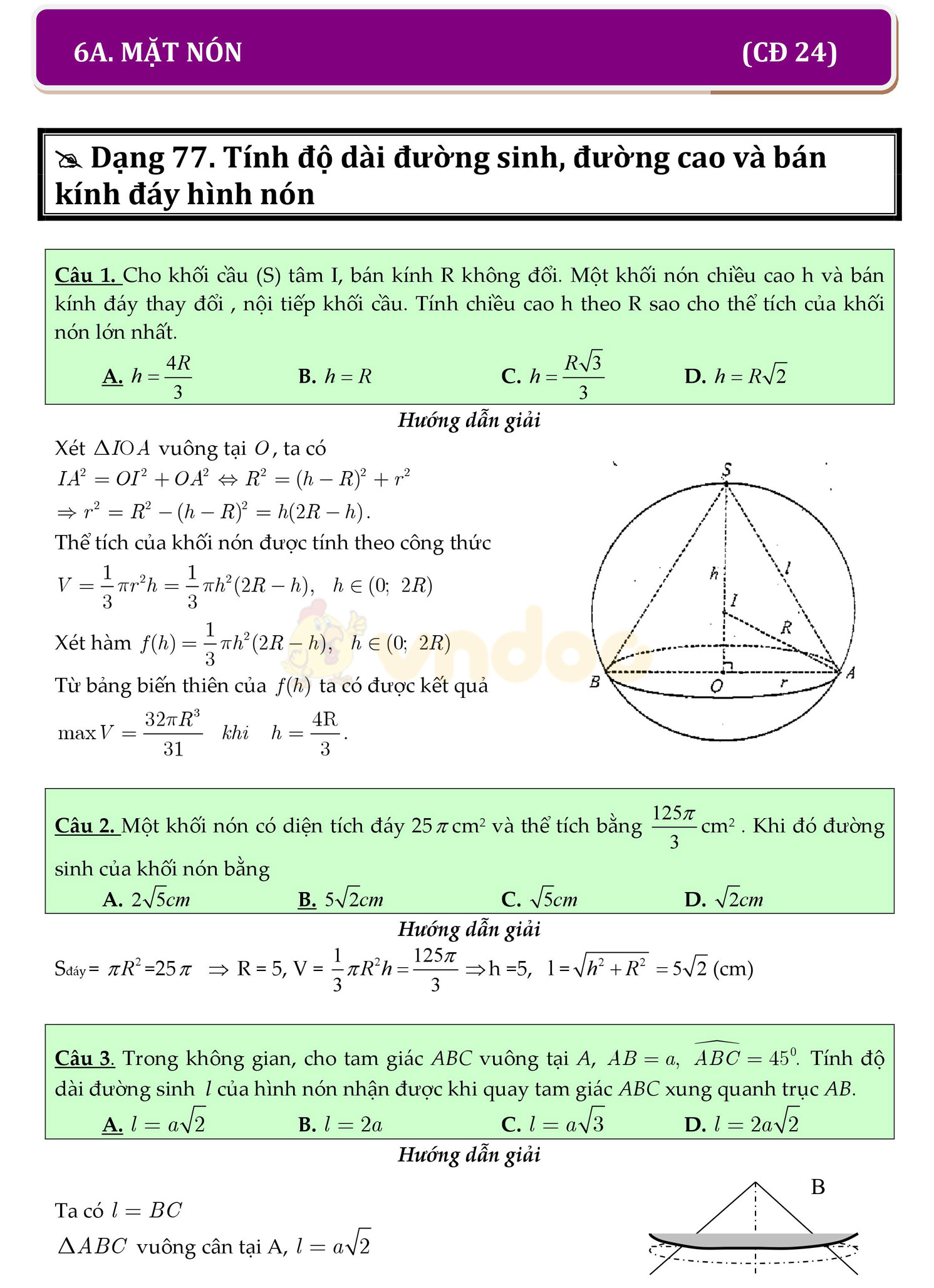 Trắc nghiệm mặt nón, mặt trụ, mặt cầu