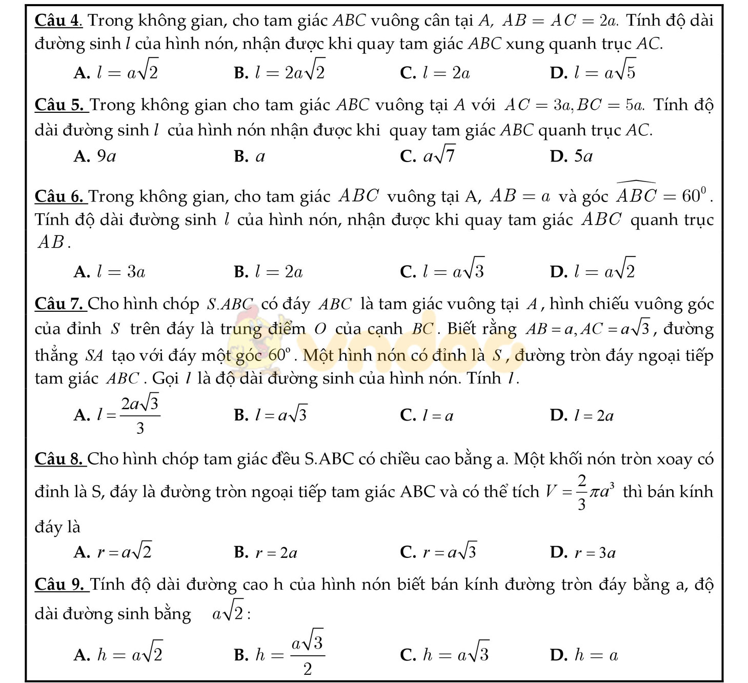 Trắc nghiệm mặt nón, mặt trụ, mặt cầu
