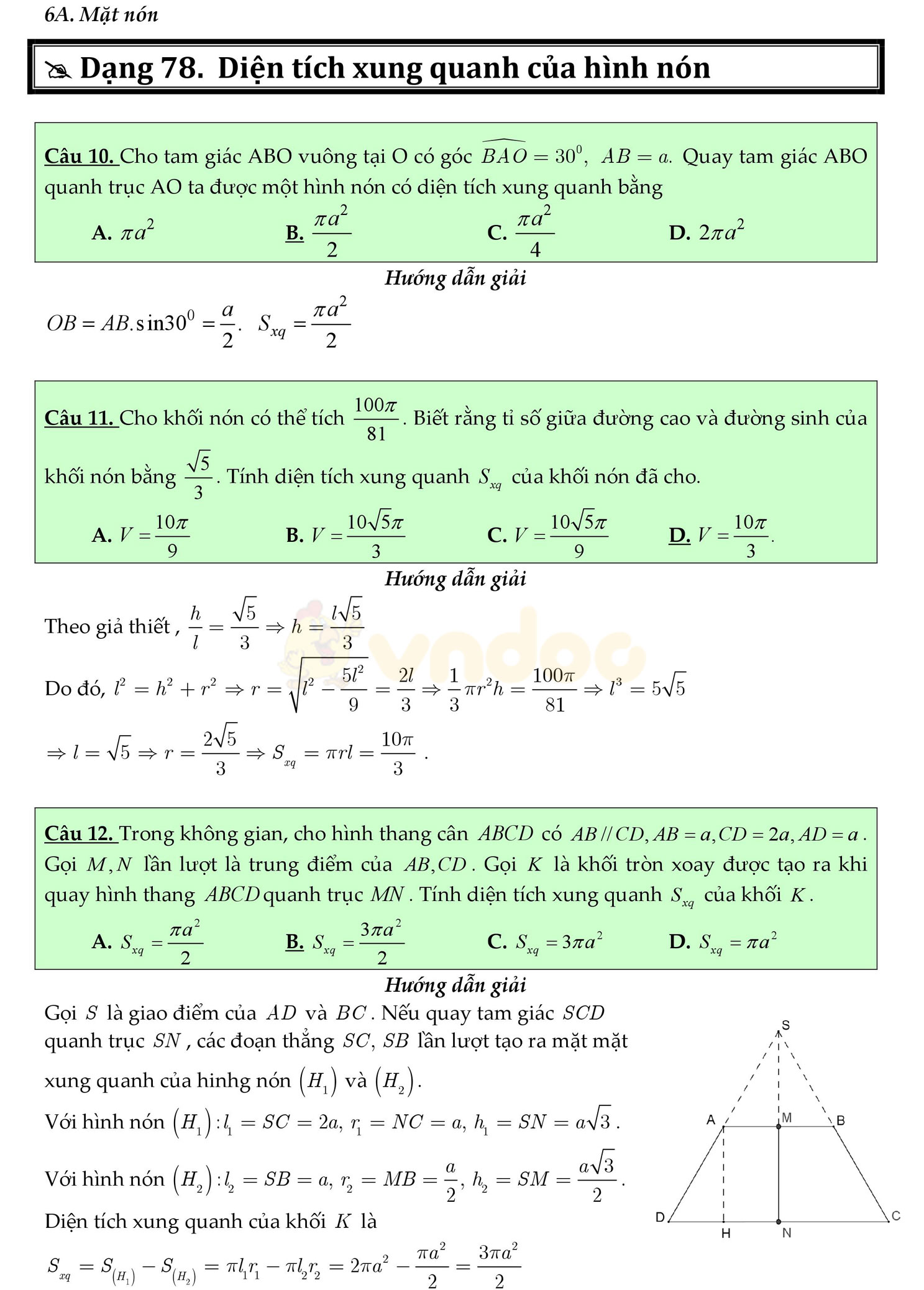 Trắc nghiệm mặt nón, mặt trụ, mặt cầu
