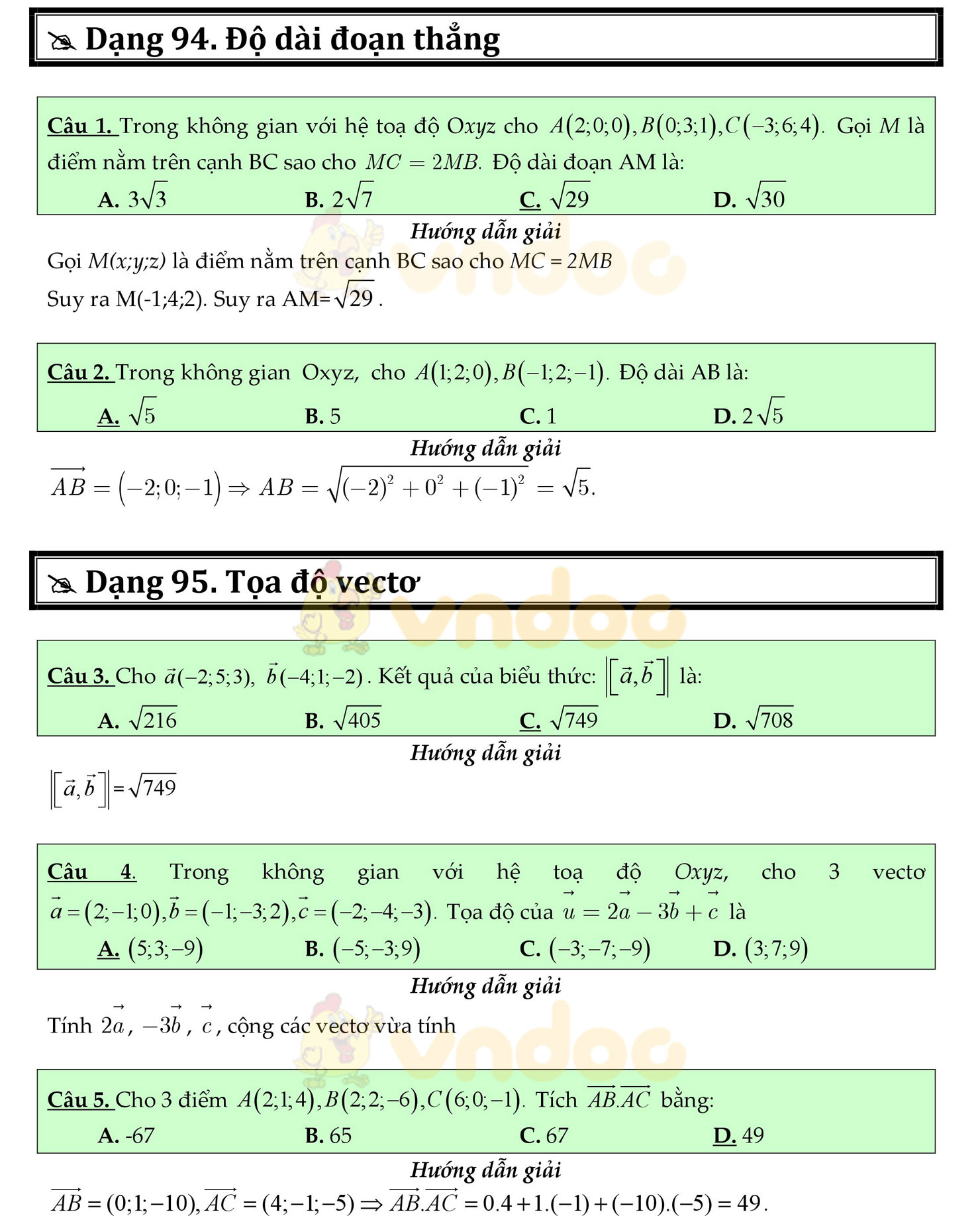 Trắc nghiệm tọa độ không gian OXYZ