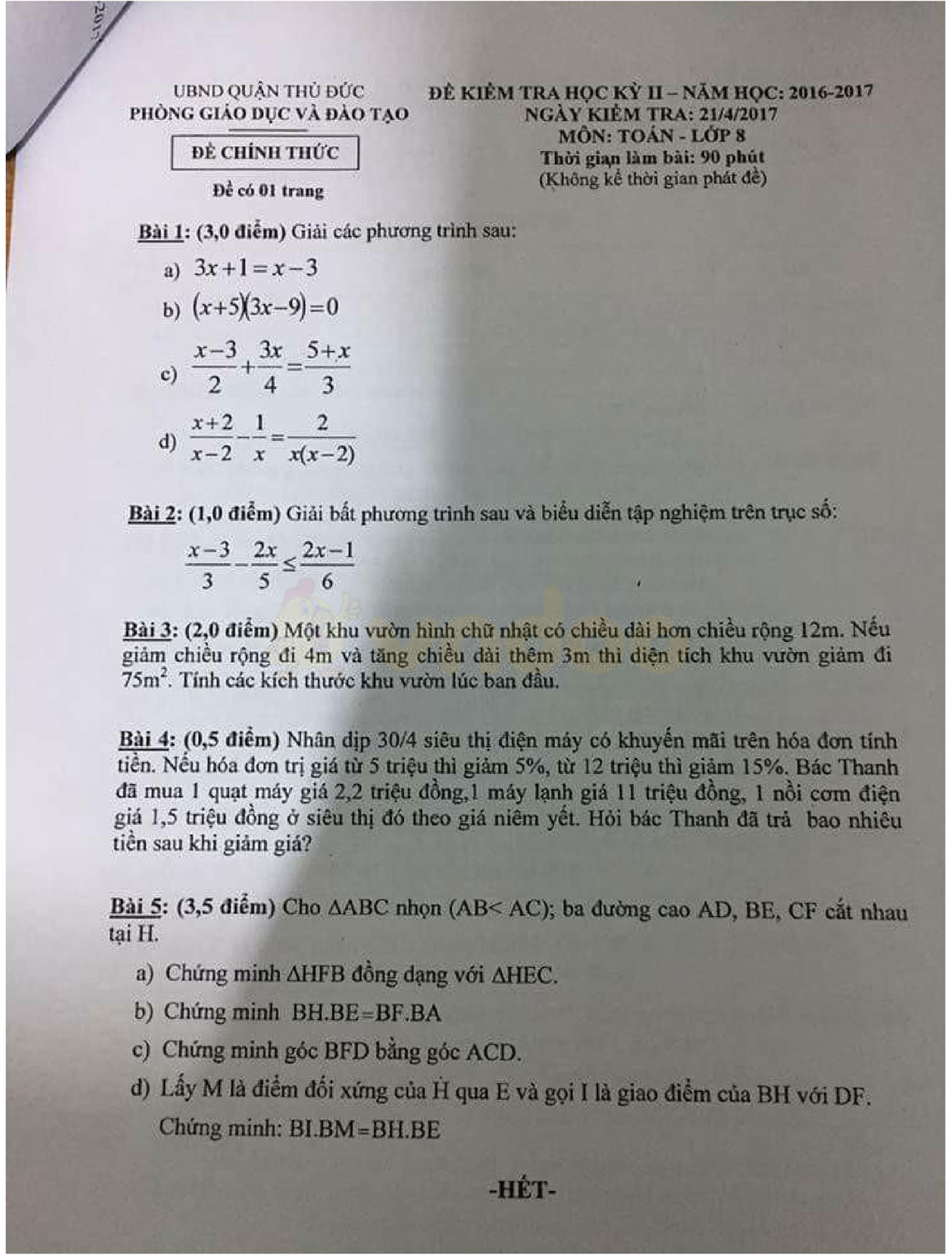 Đề thi học kì 2 môn Toán lớp 8