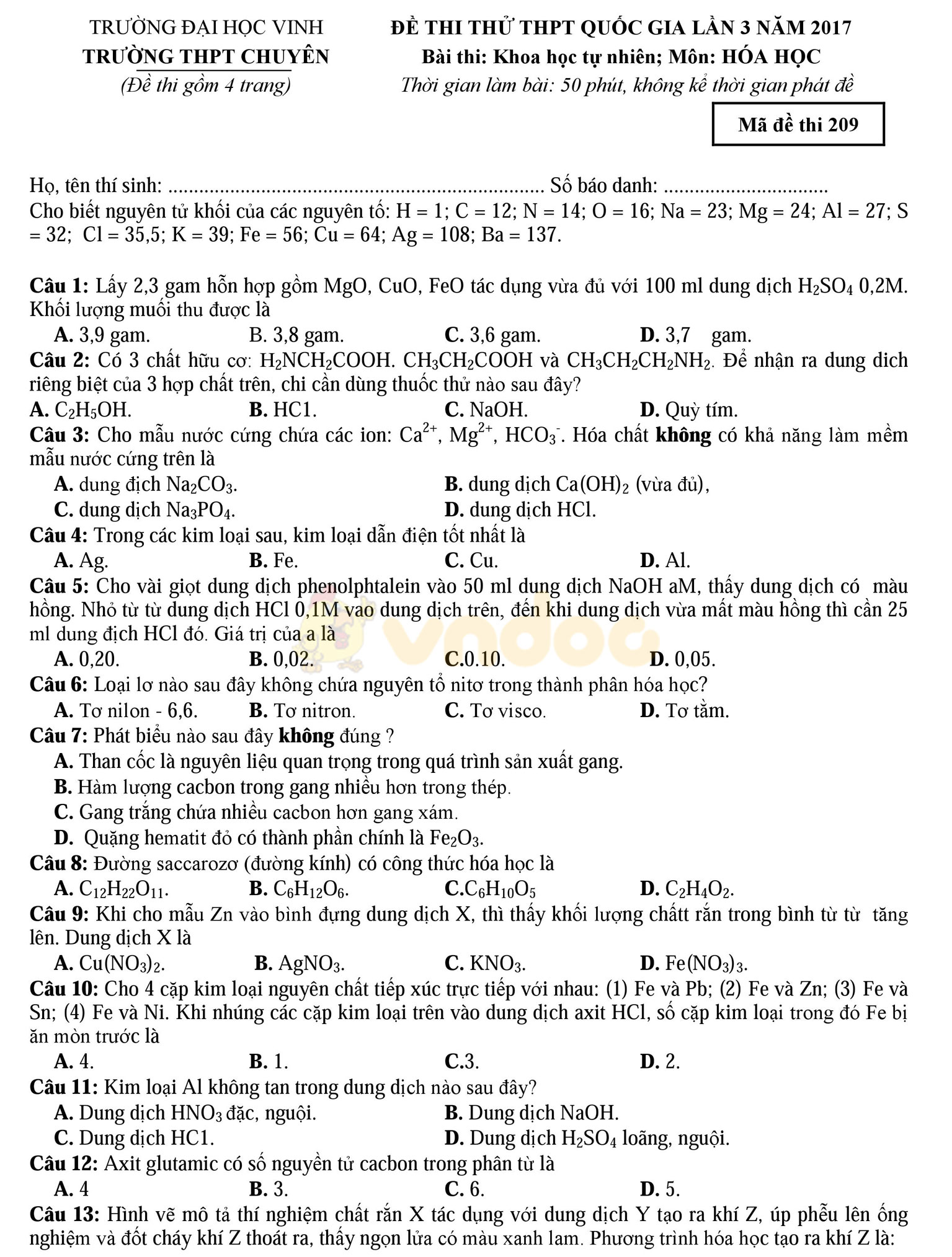 Đề thi thử THPT Quốc gia năm 2017 môn Hóa học
