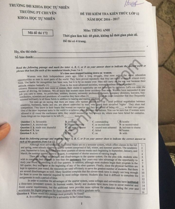 Đề thi thử THPT Quốc gia năm 2017 môn Tiếng Anh trường THPT chuyên Khoa học tự nhiên - ĐHQG Hà Nội (Lần 5) có đáp án