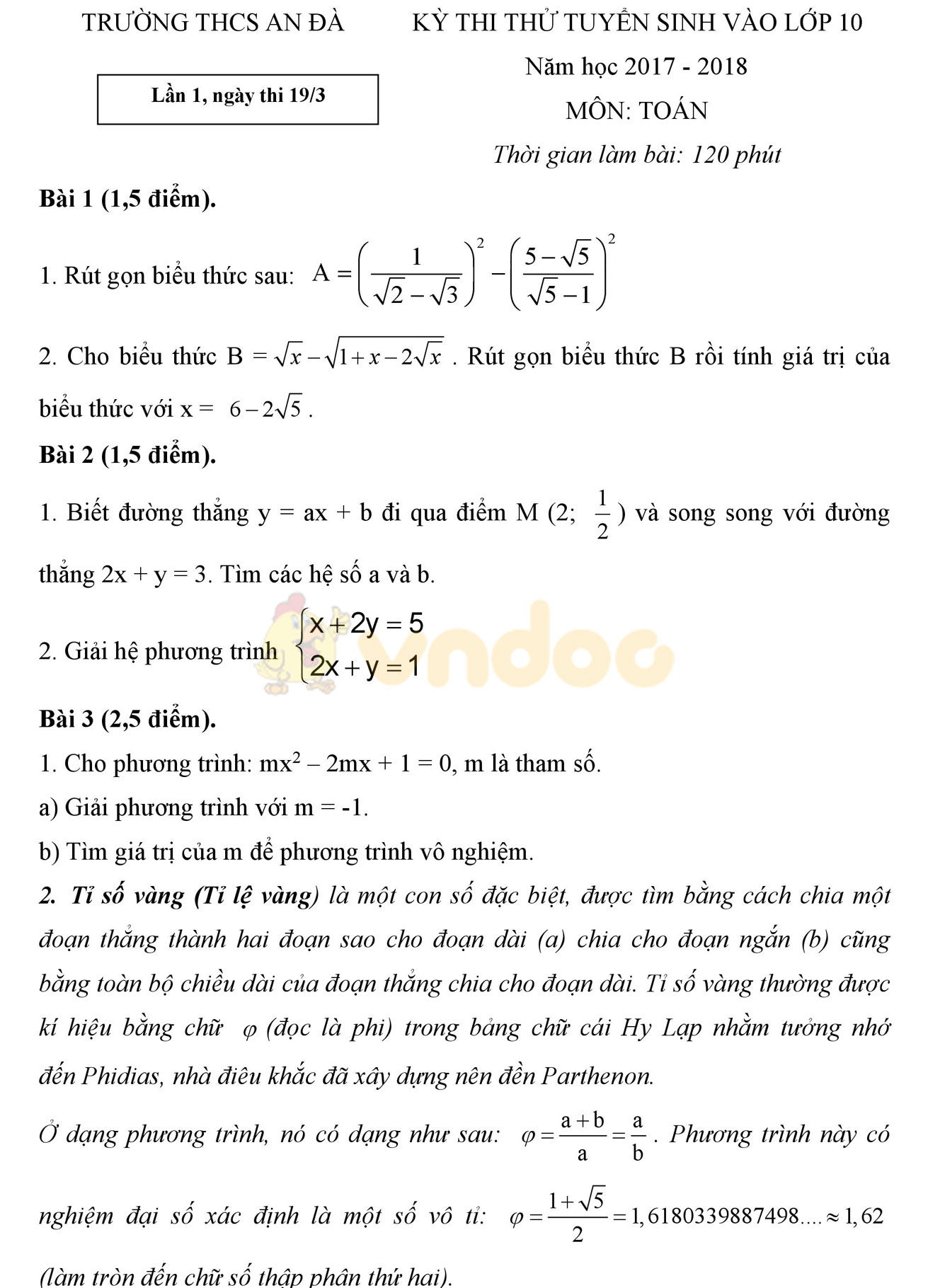 Đề thi thử vào lớp 10 môn Toán