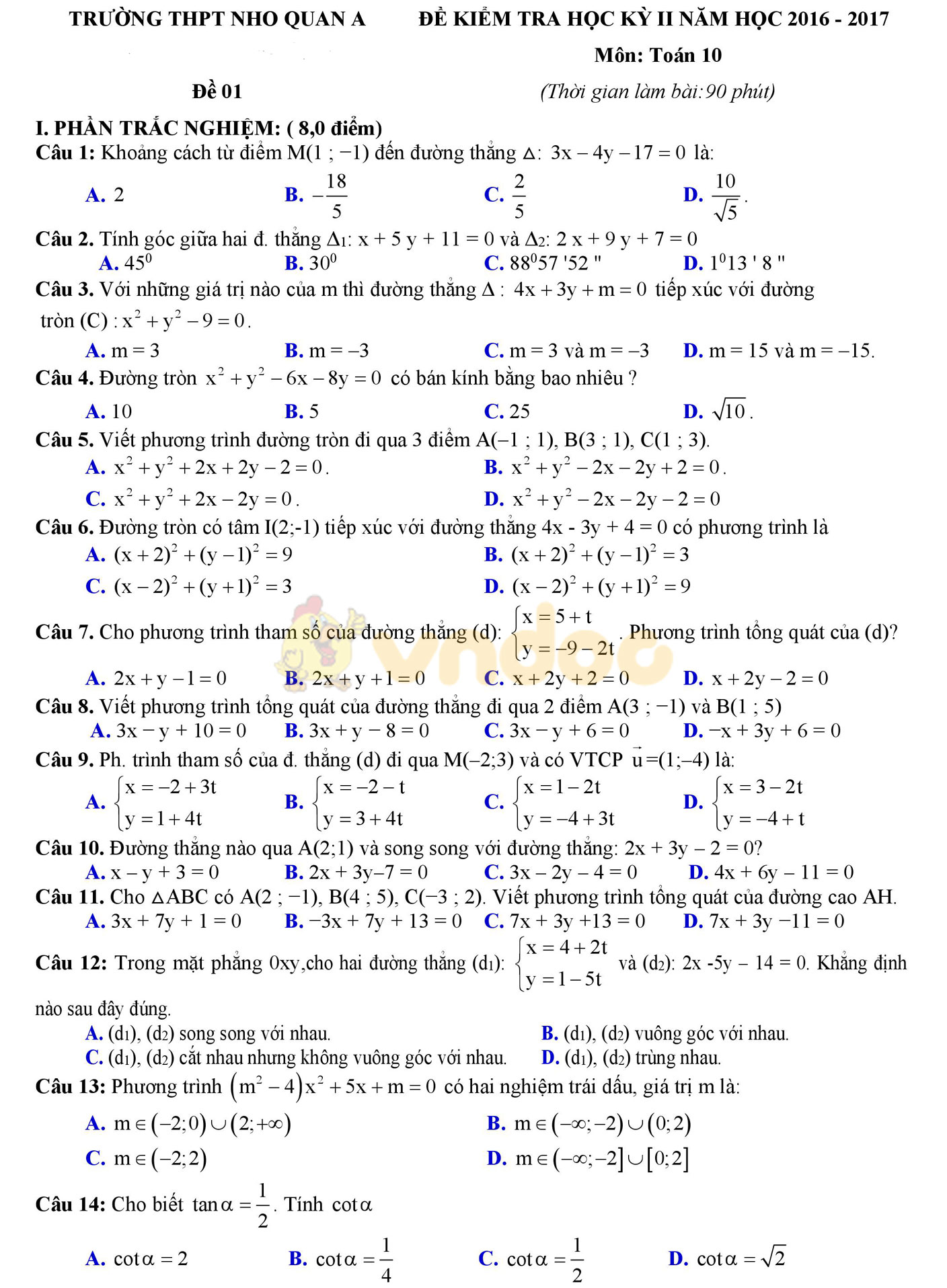 Đề thi học kì 2 môn Toán lớp 10 Đề thi học kì 2 môn Toán lớp 10