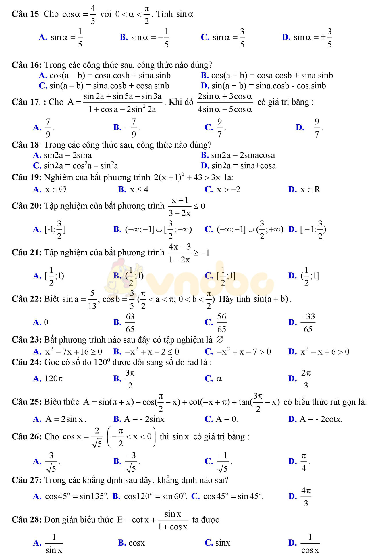 Đề thi học kì 2 môn Toán lớp 10 Đề thi học kì 2 môn Toán lớp 10