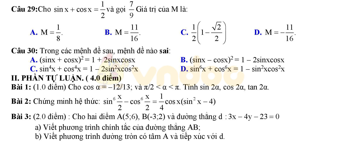 Đề thi học kì 2 môn Toán lớp 10 Đề thi học kì 2 môn Toán lớp 10