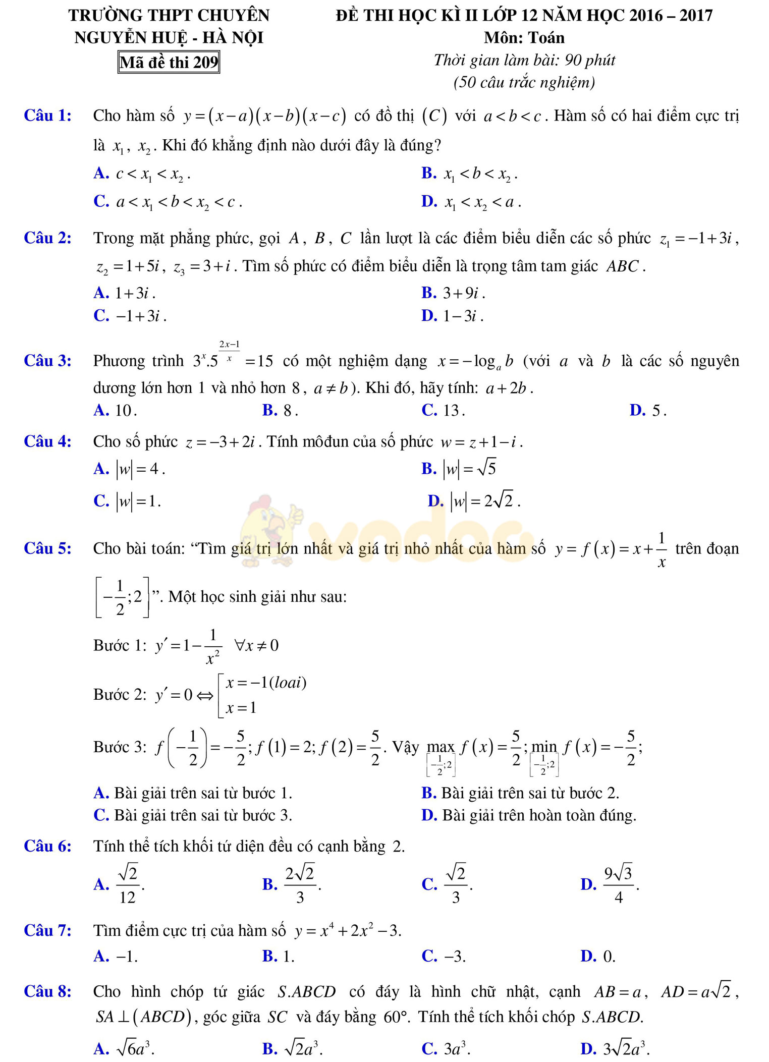 Đề thi học kì 2 môn Toán lớp 12 Đề thi học kì 2 môn Toán lớp 12