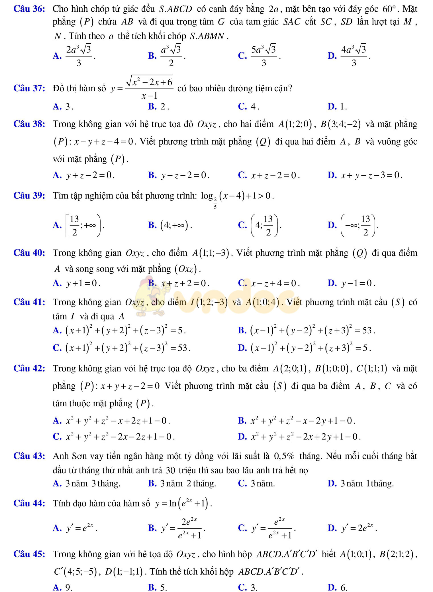 Đề thi học kì 2 môn Toán lớp 12 Đề thi học kì 2 môn Toán lớp 12