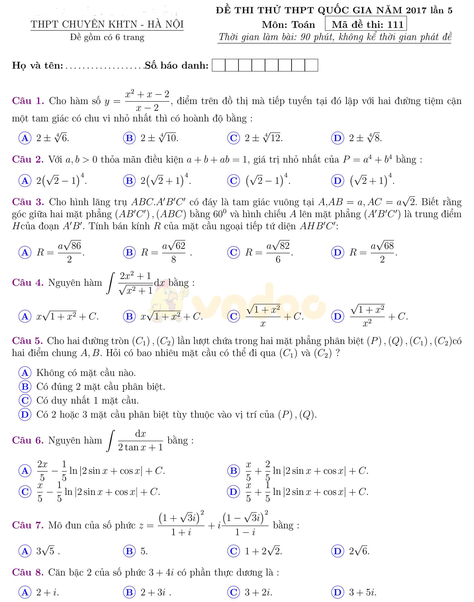 Đề thi thử THPT Quốc gia năm 2017 môn Toán