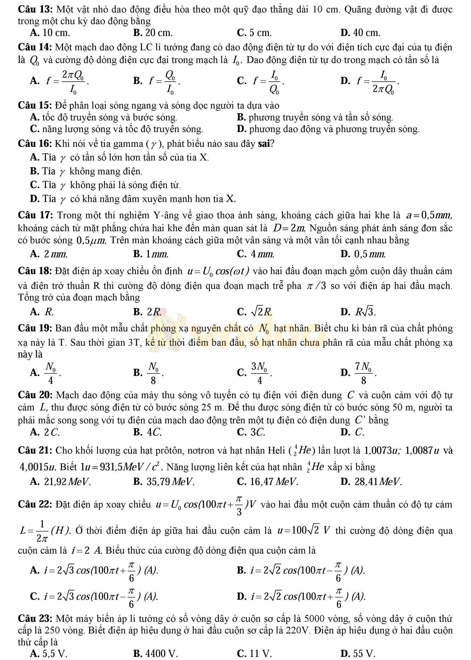 Đề thi thử THPT Quốc gia năm 2017 môn Vật lý
