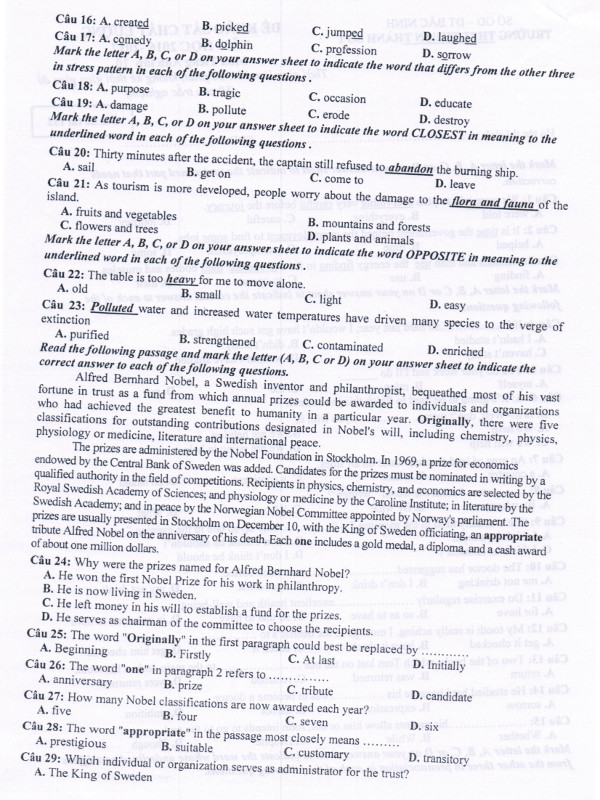 Đề khảo sát môn Tiếng Anh lớp 10 có đáp án