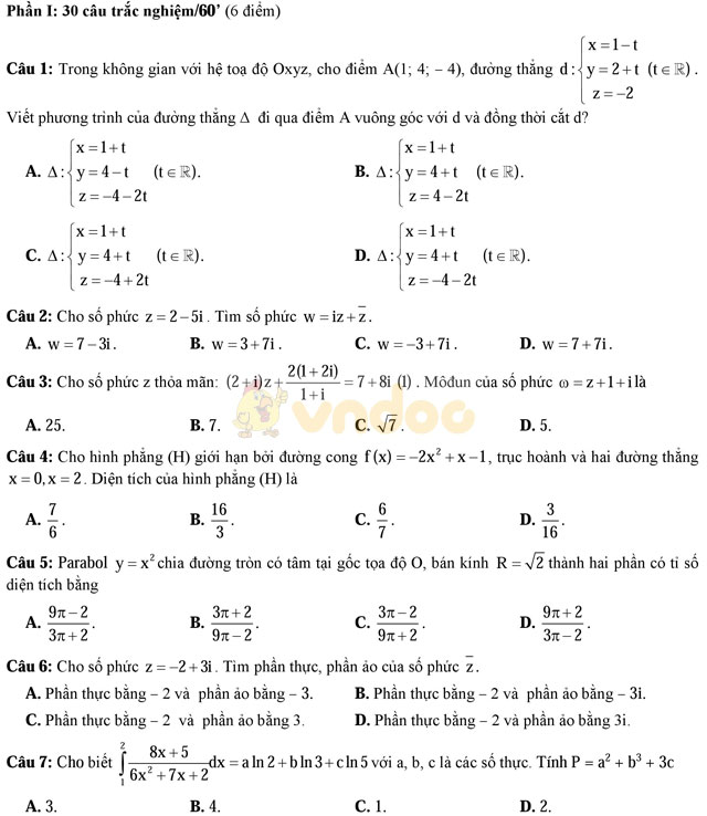 Đề thi học kì 2 môn Toán lớp 12 có đáp án