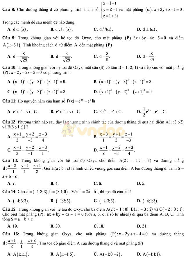 Đề thi học kì 2 môn Toán lớp 12 có đáp án