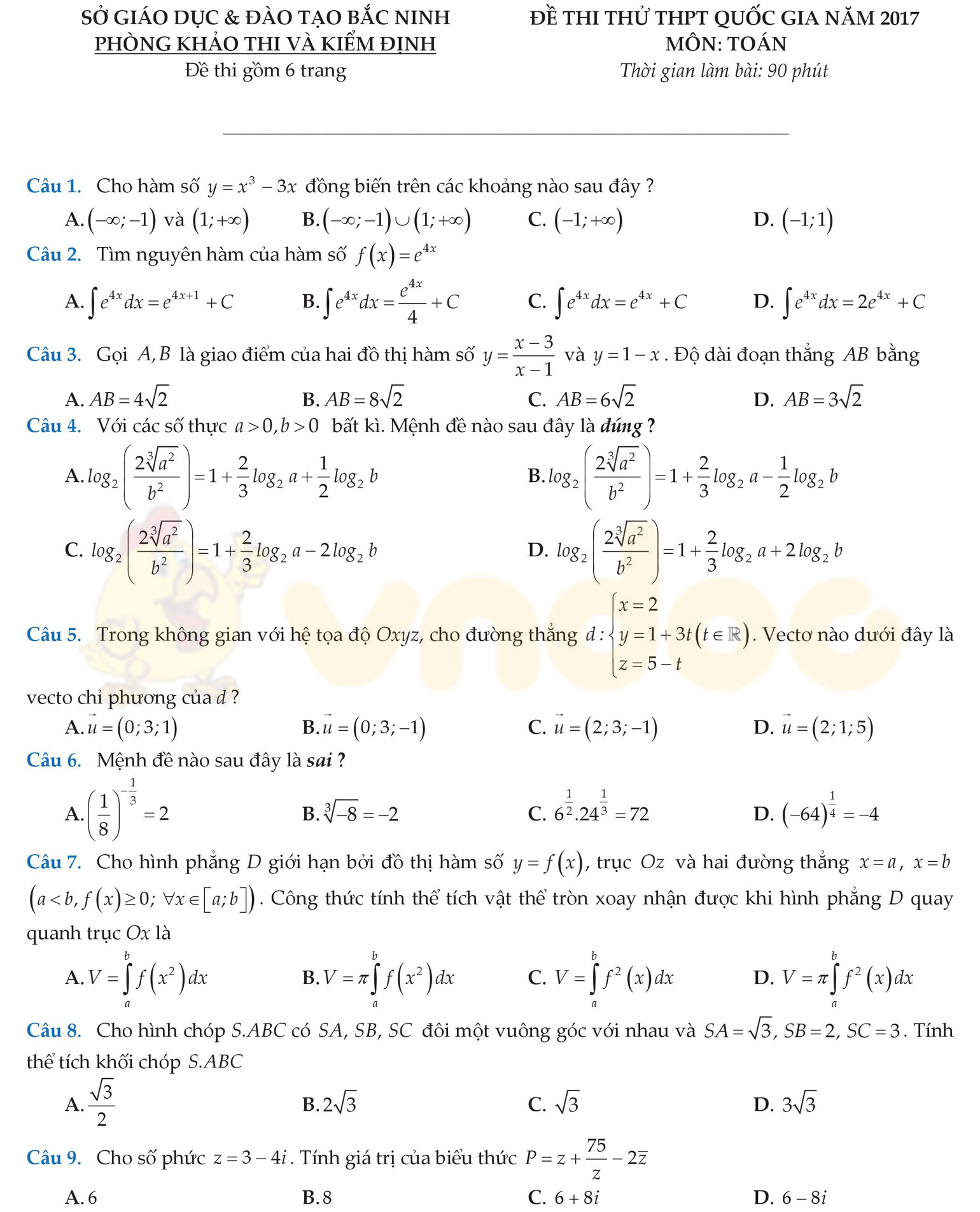 Đề thi thử THPT Quốc gia năm 2017 môn Toán