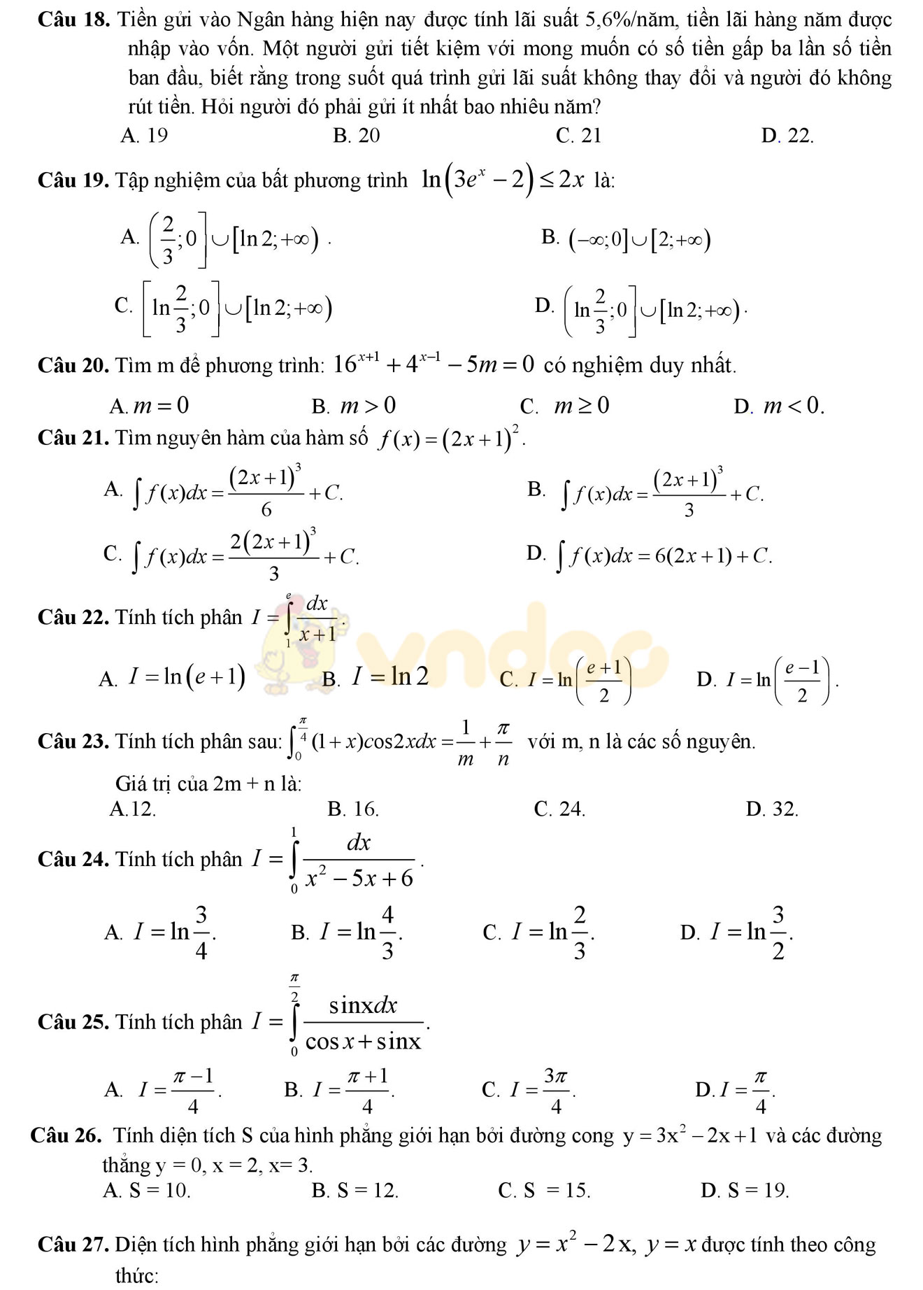 Đề thi học kì 2 môn Toán lớp 12