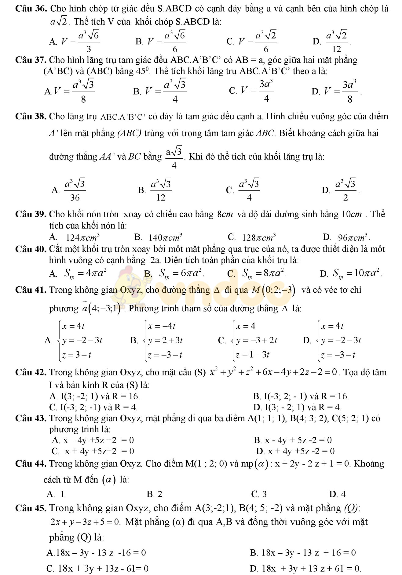 Đề thi học kì 2 môn Toán lớp 12