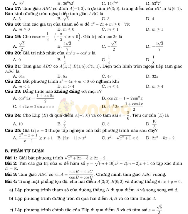 Đề thi học kì 2 môn Toán lớp 10