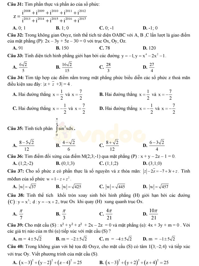 Đề thi học kì 2 lớp 12 môn Toán