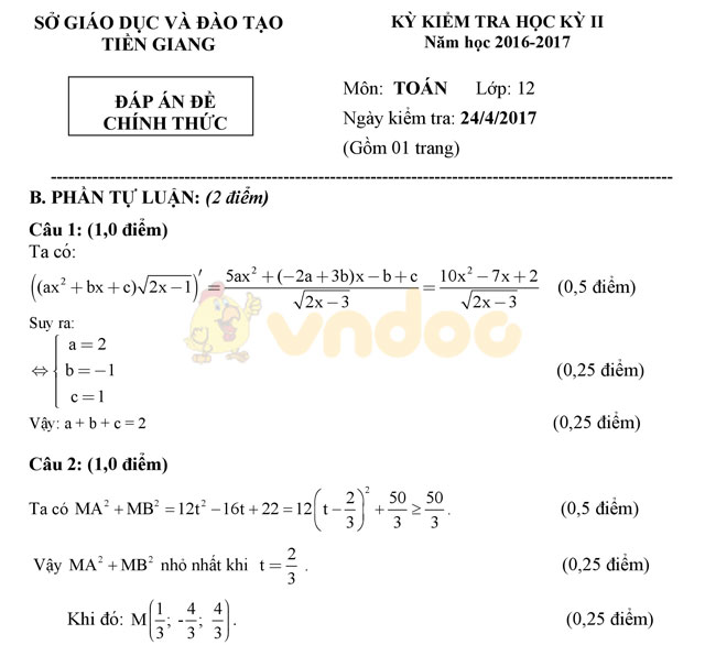 Đáp án đề thi học kì 2 lớp 12 môn Toán