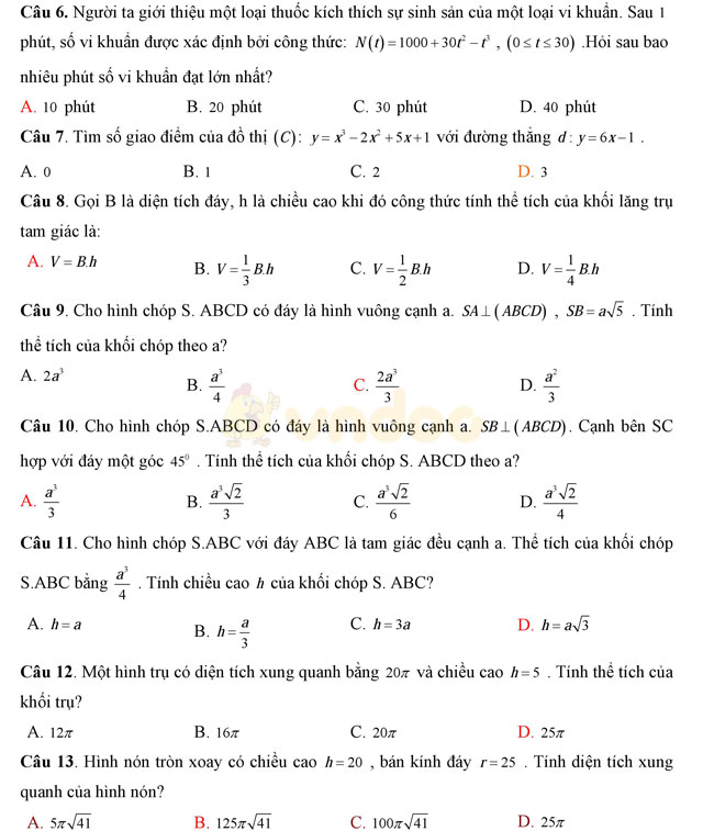 Đề thi học kì 2 môn Toán lớp 12