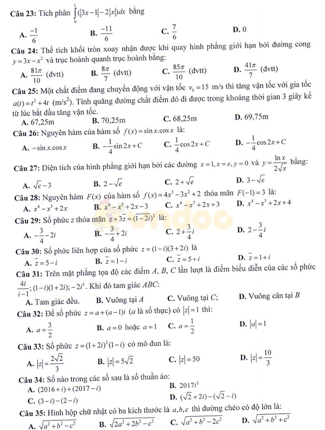 Đề thi thử THPT Quốc gia 2017 môn Toán