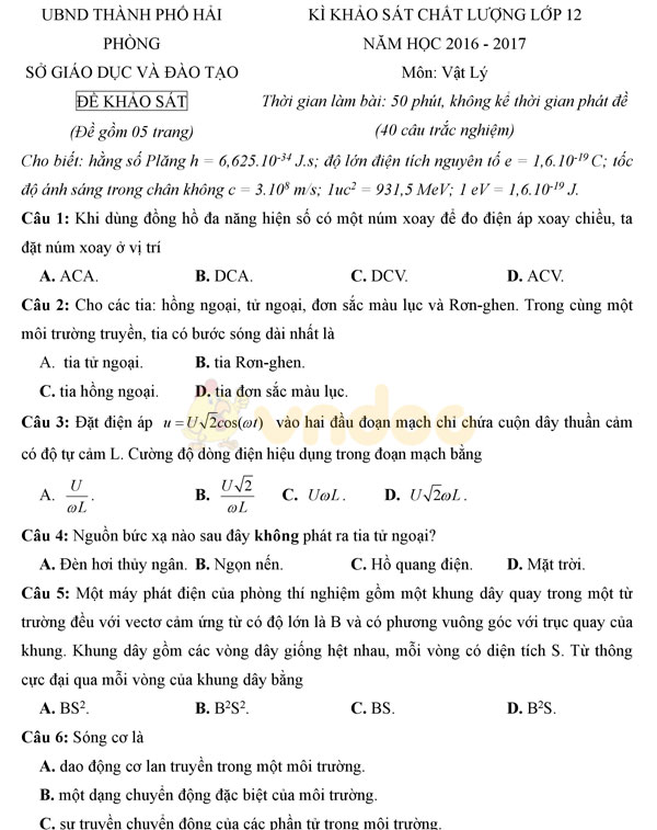 Đề thi thử THPT Quốc gia 2017 môn Vật lý