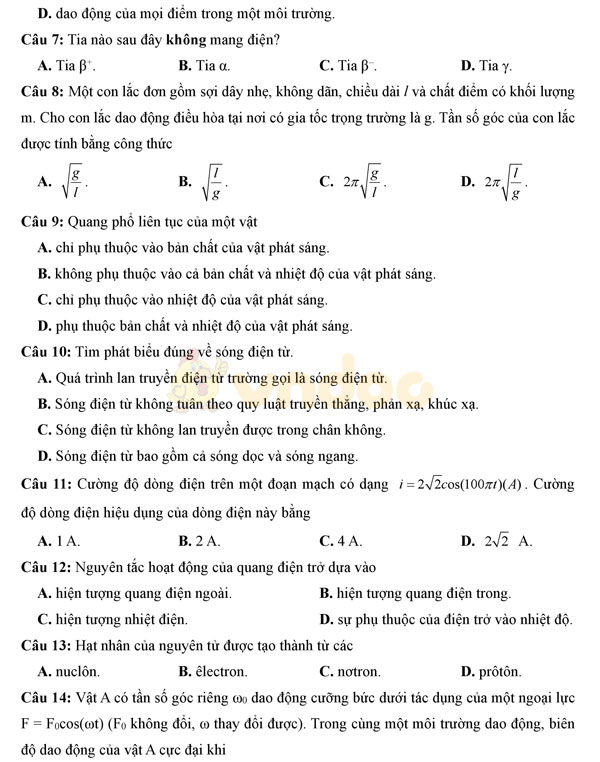 Đề thi thử THPT Quốc gia 2017 môn Vật lý