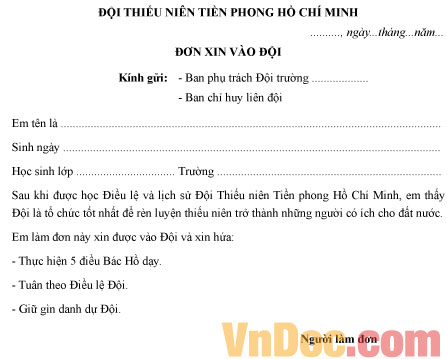 Mẫu đơn xin vào Đội thiếu niên tiền phong Hồ Chí Minh