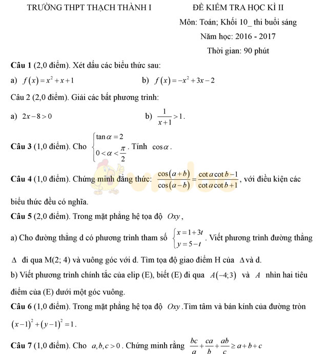 Đề thi học kì 2 lớp 10 môn Toán