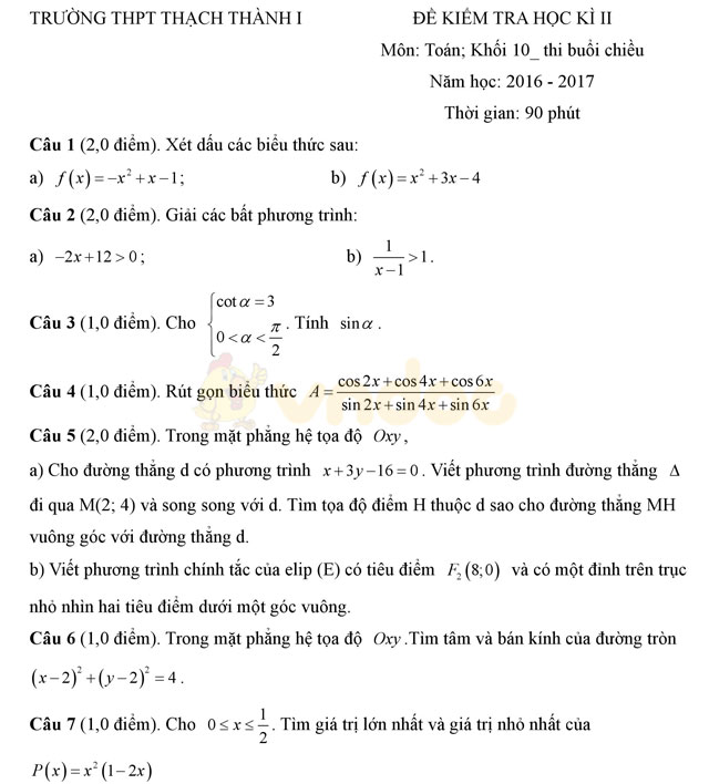 Đề thi học kì 2 lớp 10 môn Toán